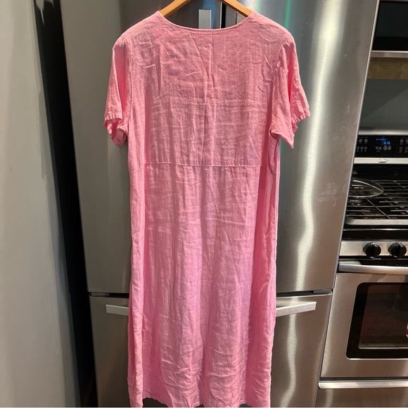 FOCUS PINK linen V-Neck long DRESS Pearl Buttons Gauzy Beach Lagenlook USA made - Picture 10 of 16